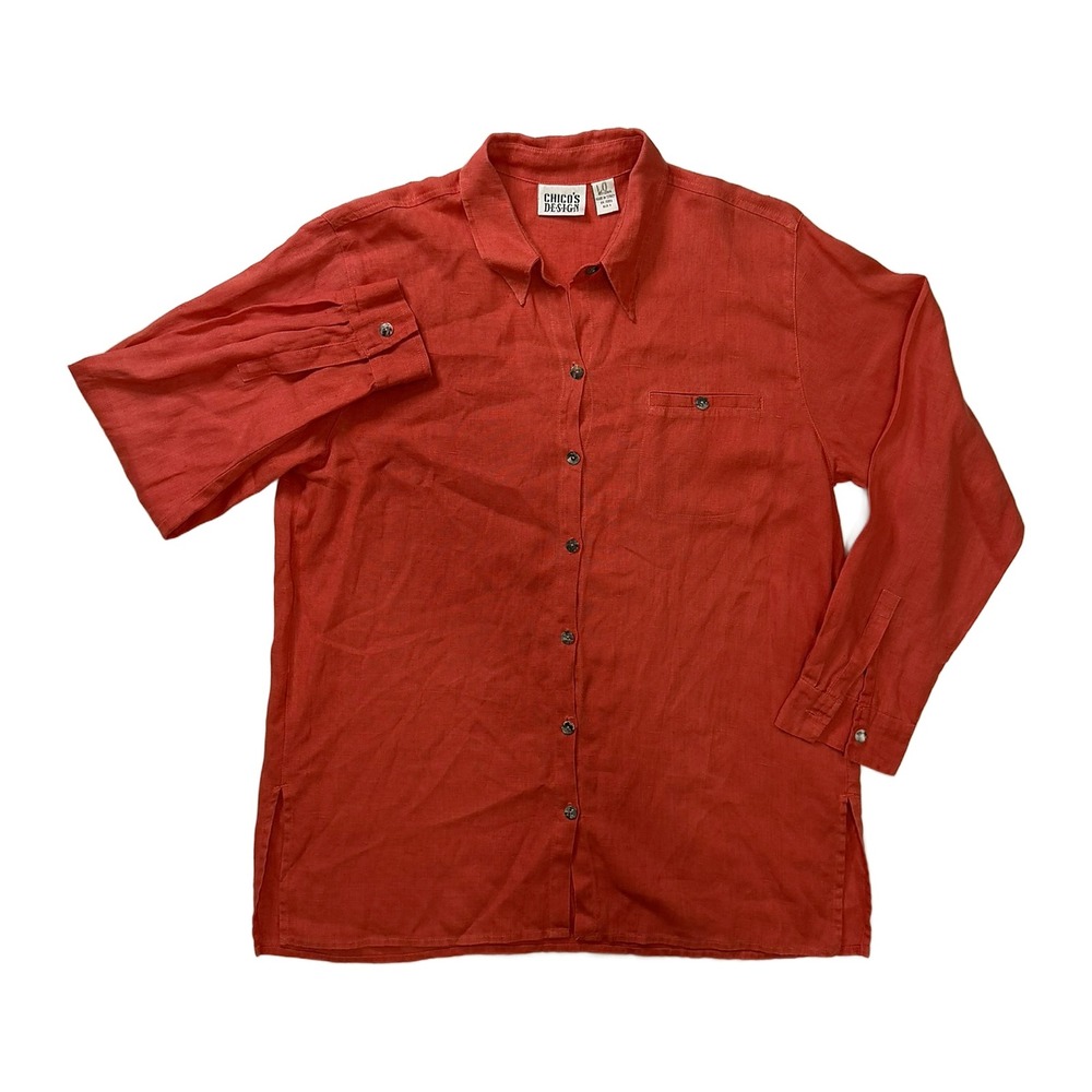 Chicos Design Womens 100% Linen Button Down Shirt Coral Orange Size 1 M Long Slv